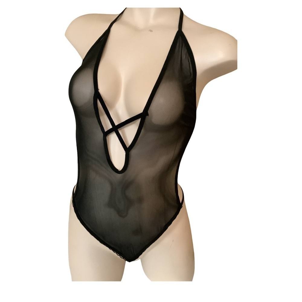One Piece Size S/M Black Mesh  Lingerie With Back Strap & Halter Tie. New
